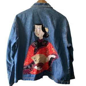 Chico's Design Embroidered Geisha Applique Cotton Denim Jacket XL